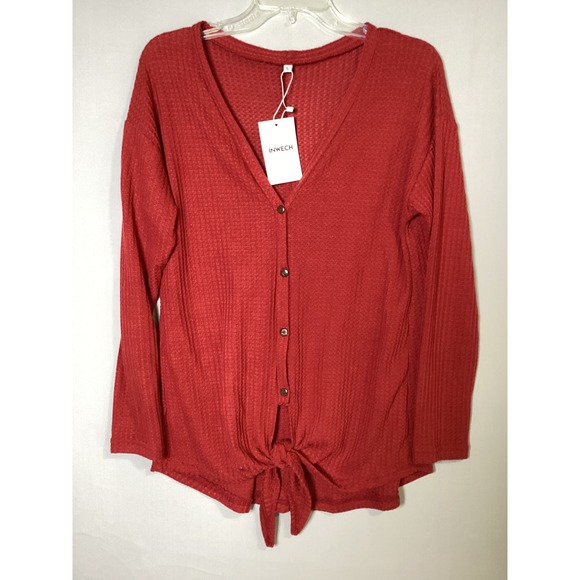 Inwech Tops - Inwech L NWT Red Waffle Knit Tie Front Button Down Long Sleeve Thermal Top Boho
